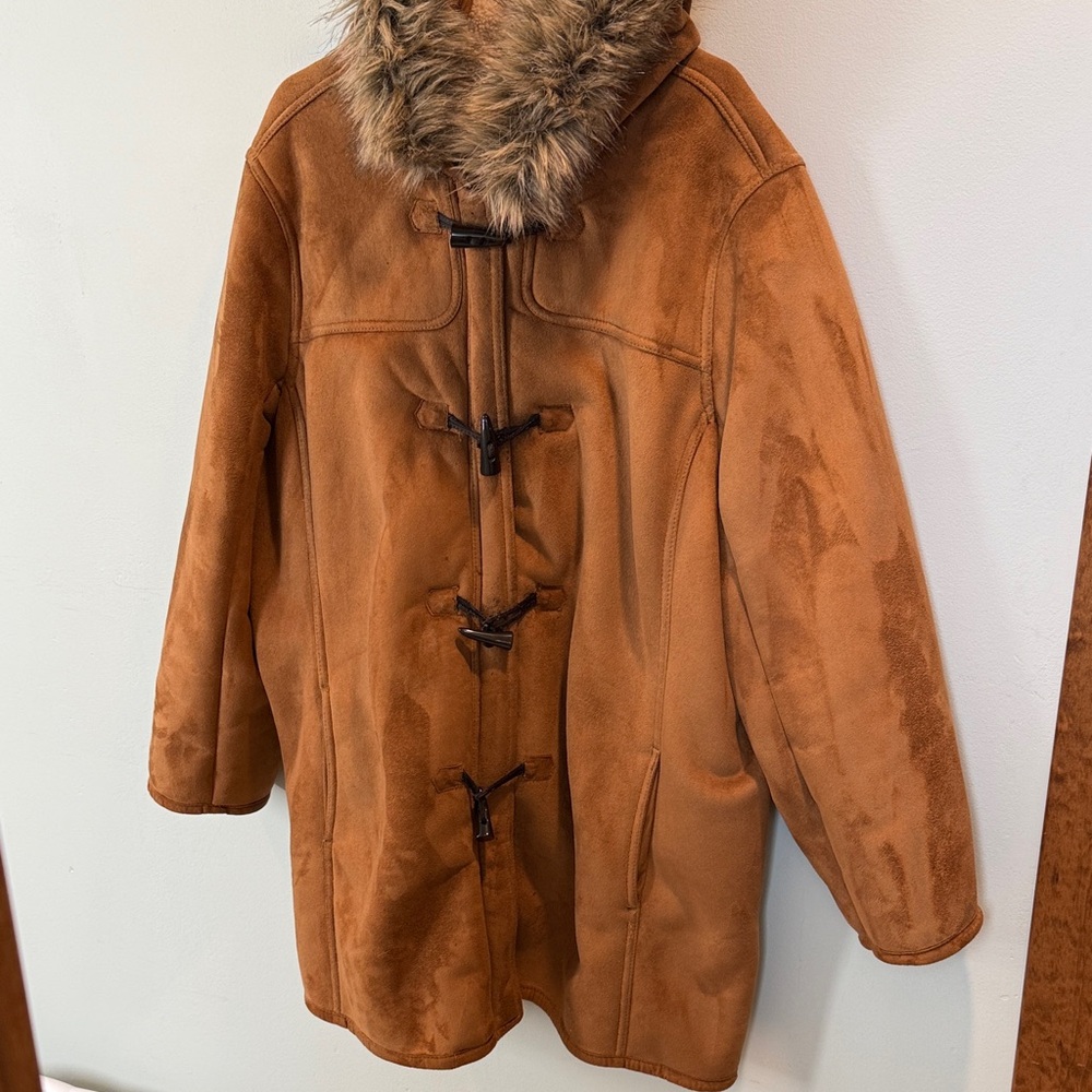 Lands' End Faux Suede Toggle Coat with Faux Fur Hood Size 3X